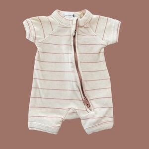 Susukoshi NB Organic Cotton Ribbed Striped Short Romper Cream Pink Newborn Zip
